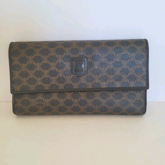 Celine Vintage Trifold Leather Large Wallet Macadam Brown Black Long Logo Design - Picture 1 of 14